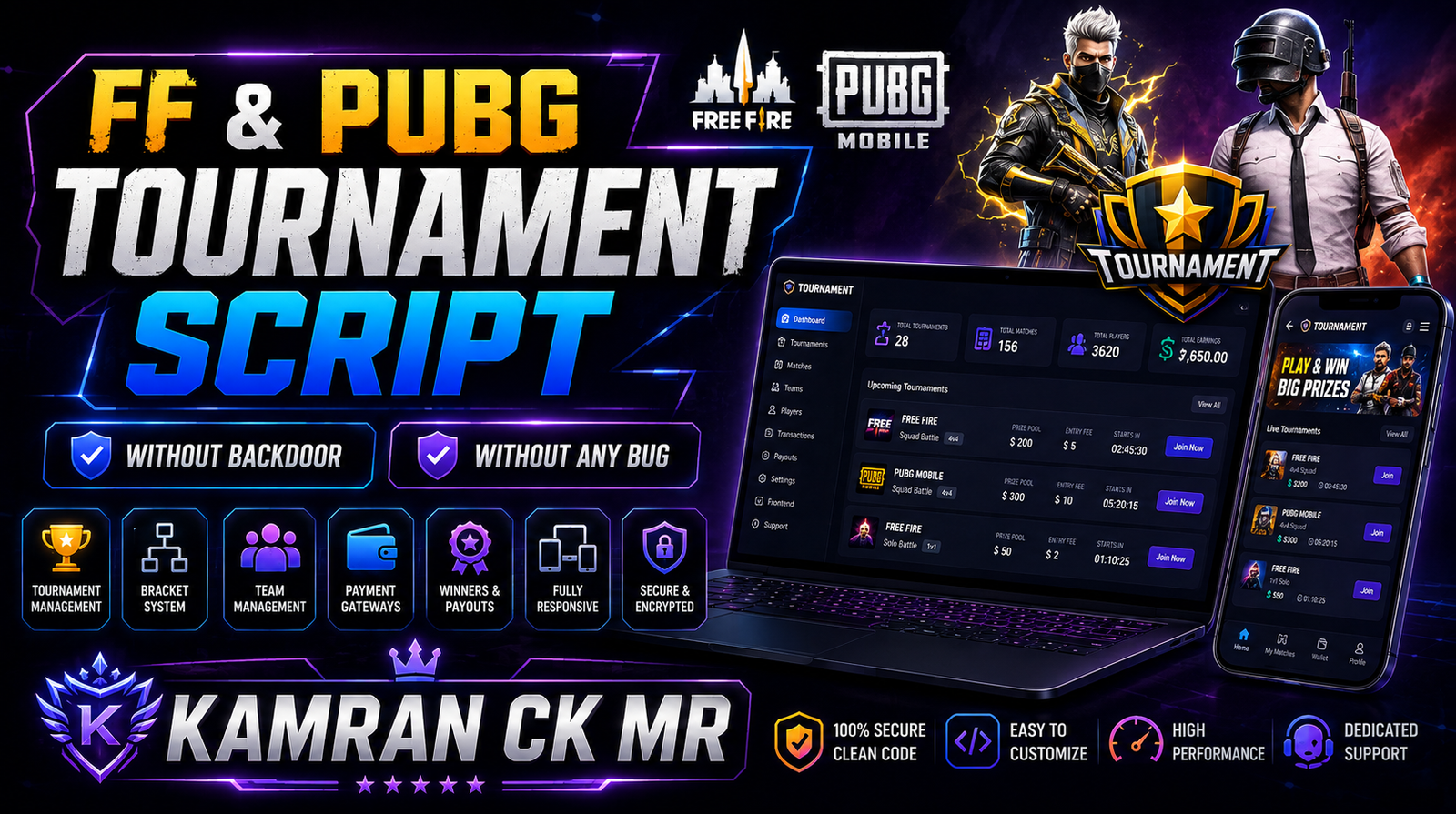 FREE FIRE & PUBG TOURNAMENT SCRIPT CODE